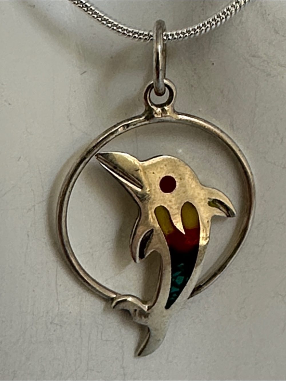Sterling Dolphin Inlay Pendant Necklace - Multicolor